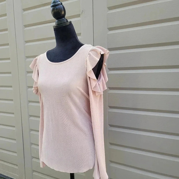 LC Lauren Conrad Runway Women Blush PInk Metallic Cold Shoulder Pleated Top XS - Picture 8 of 14